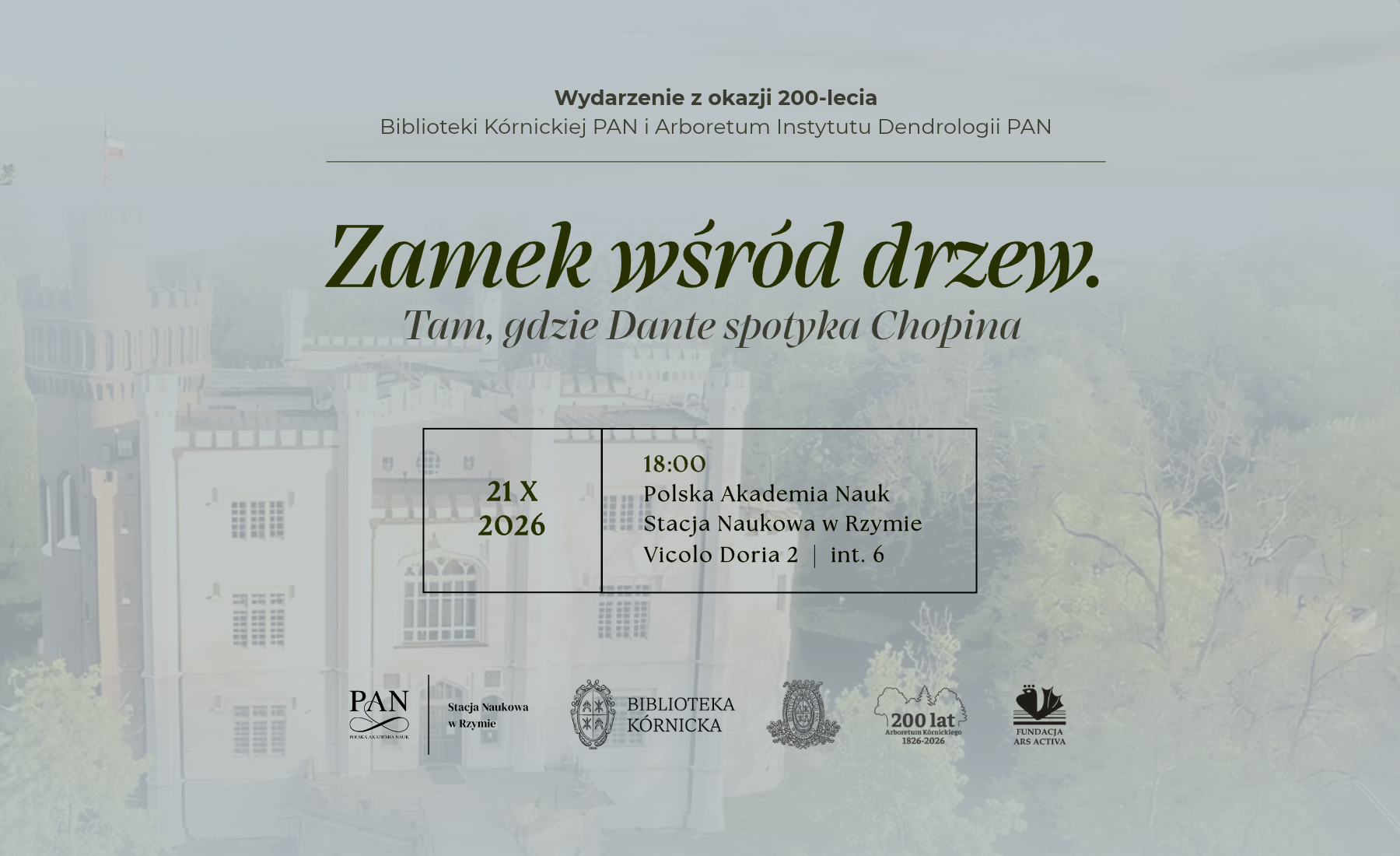 Zamek wśród drzew. Tam, gdzie Dante spotyka Chopina. Wydarzenie z okazji 200-lecia Biblioteki Kórnickiej PAN i Arboretum Instytutu Dendrologii PAN